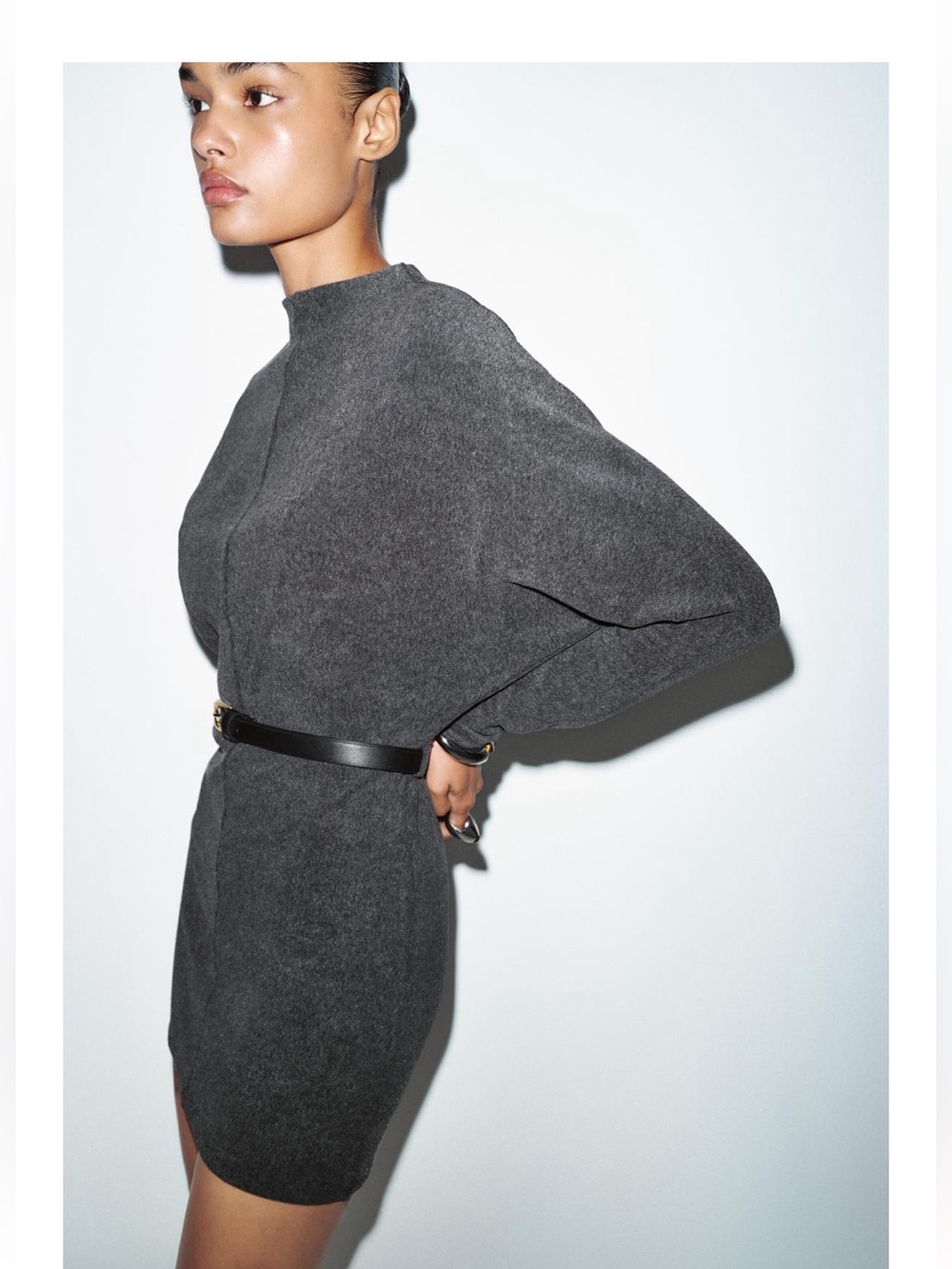 Zara Charcoal Gray Long-Sleeve Mini Dress with Slim Belt - Picture 2 of 8